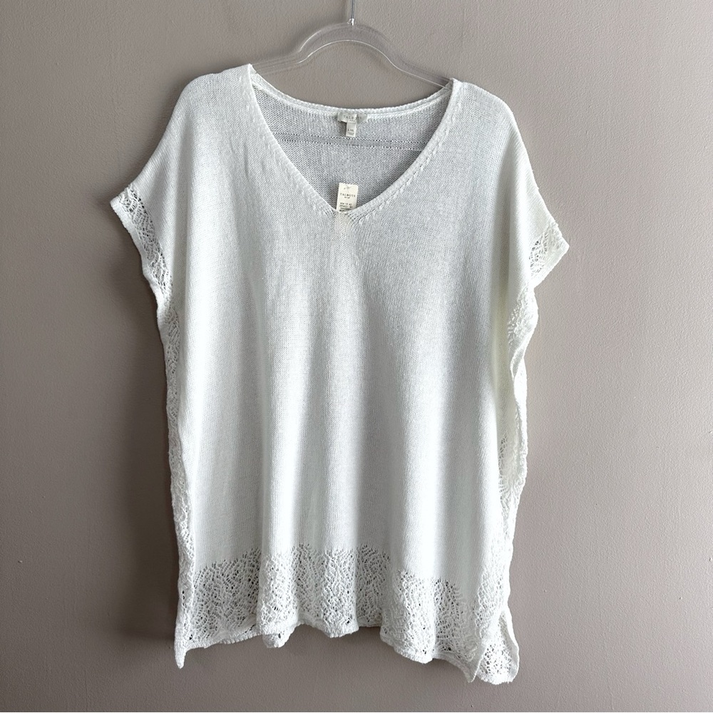 Talbots White Crochet Trim Knit V-neck Lightweight Coastal Tunic Womens L/XL